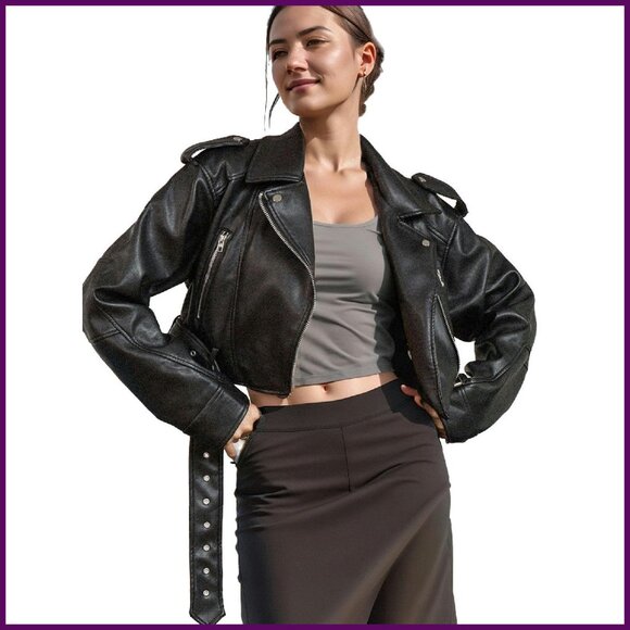 Cropped Faux Leather Moto Jacket with Removable Belt XS